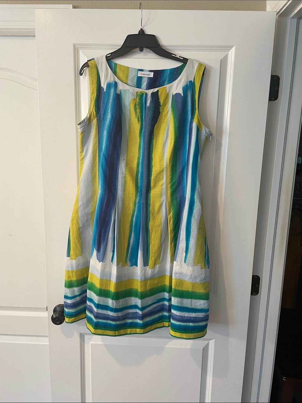 Calvin Klein Sleeveless Scoop-Neck Mini Dress in Blue, Green & White